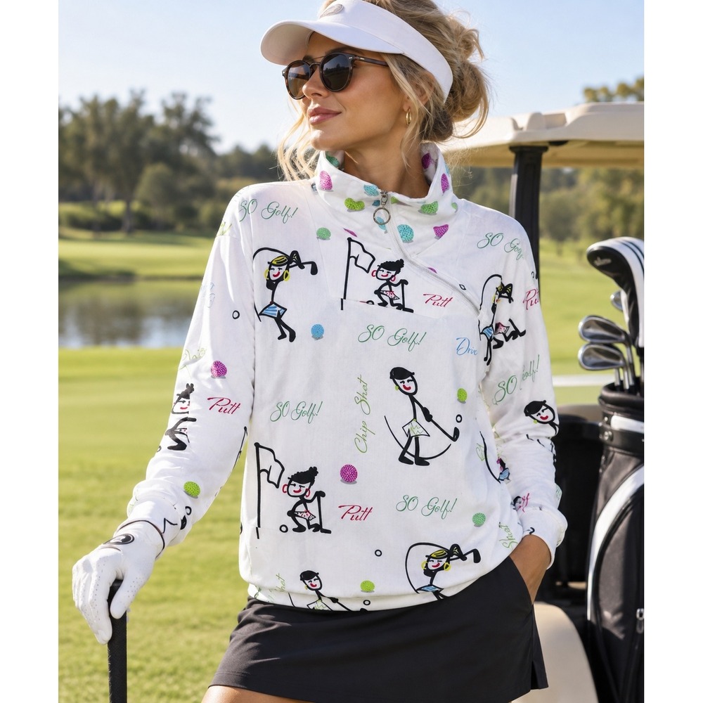 Acegolfs Stick Figure XL White Golf Graphic Quarter Zip Pullover Sweater Quirky